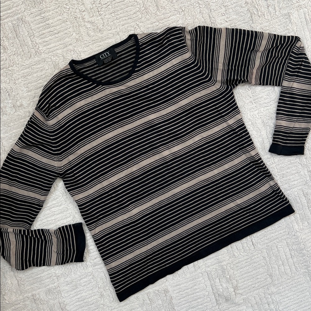 City Silk Striped 70% Silk 30% Cotton Knit Top in Black & Tan, Size Large, EUC - Picture 3 of 16